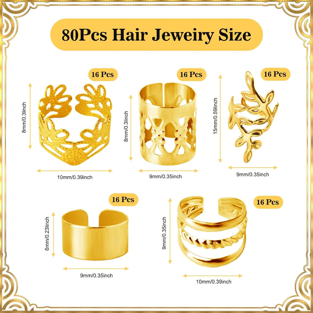 80 Pcs Hair Jewelry for Braids,Gold Hair Cuffs Dreadlock Accessories,Adjustable Hair Rings Braid Decorations for Women (80Pcs-Gold, Style1)