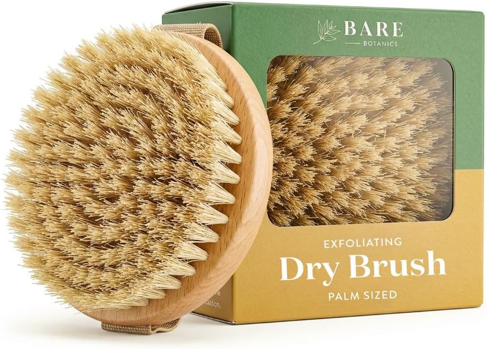Dry Body Brush for Lymphatic Drainage - Improve Circulation W/Gentle Exfoliation for Soft Skin - Ergonomically Designed W/Elastic Strap - Soft but Firm Natural Boar Bristles