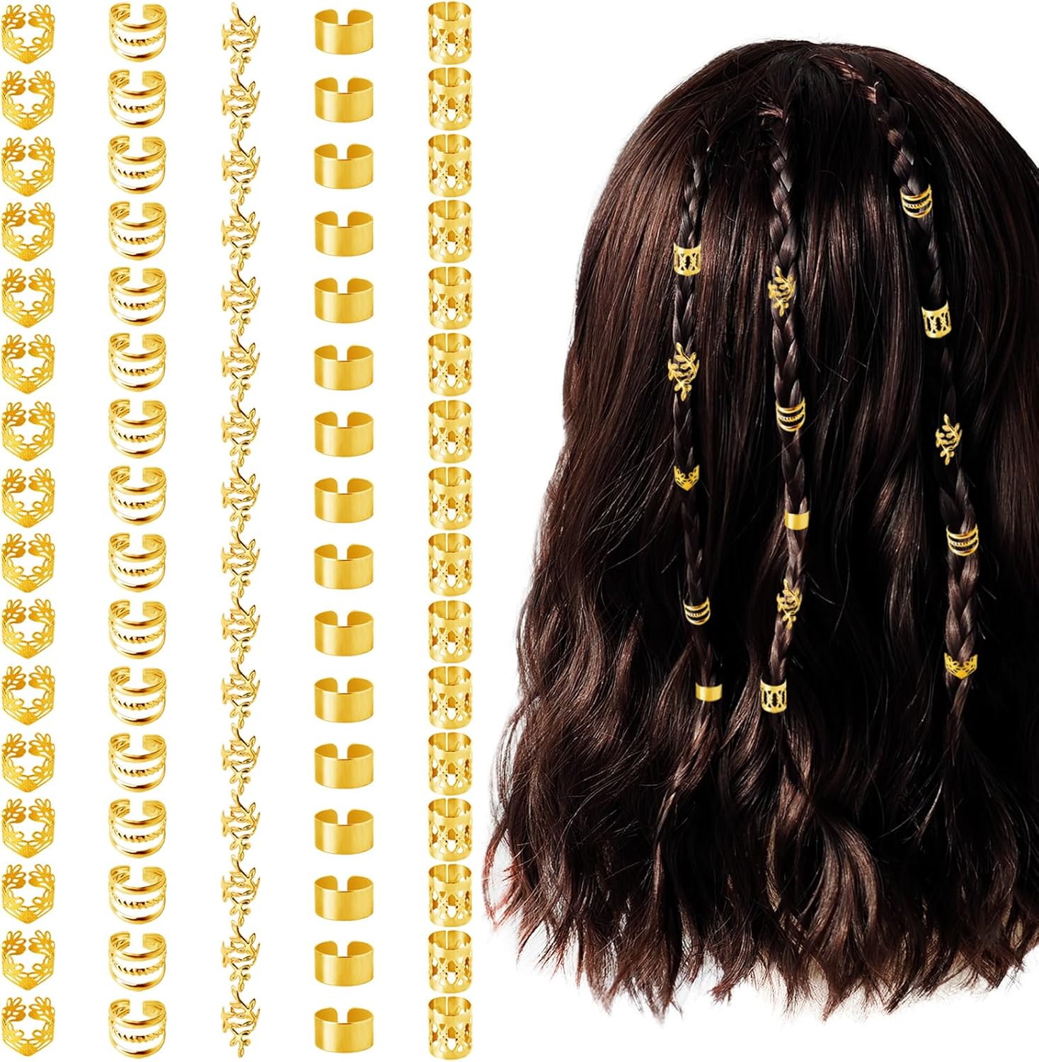 80 Pcs Hair Jewelry for Braids,Gold Hair Cuffs Dreadlock Accessories,Adjustable Hair Rings Braid Decorations for Women (80Pcs-Gold, Style1)