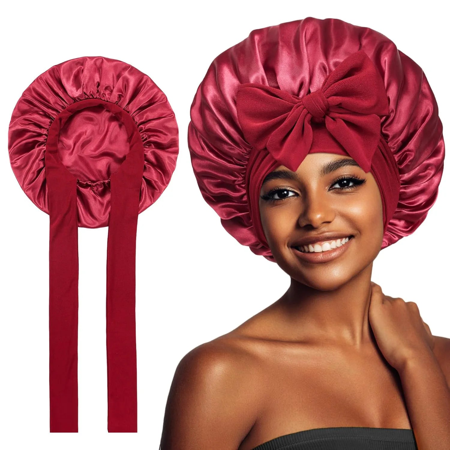 Bonnet Adjustable Satin Silk Hair Tie Band Wide-Brimmed Night Sleeping Bathing Hat Bonnet for Women Unisex Protective Headwear