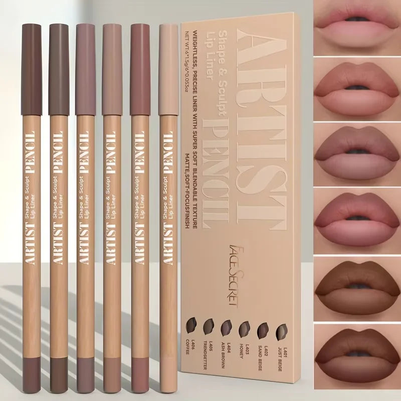 6Pcs Velvet Matte Lip Liner Pencils Set Long-Lasting Non-Drying Perfect for Lining Filling Lips Versatile for All Skin Typ