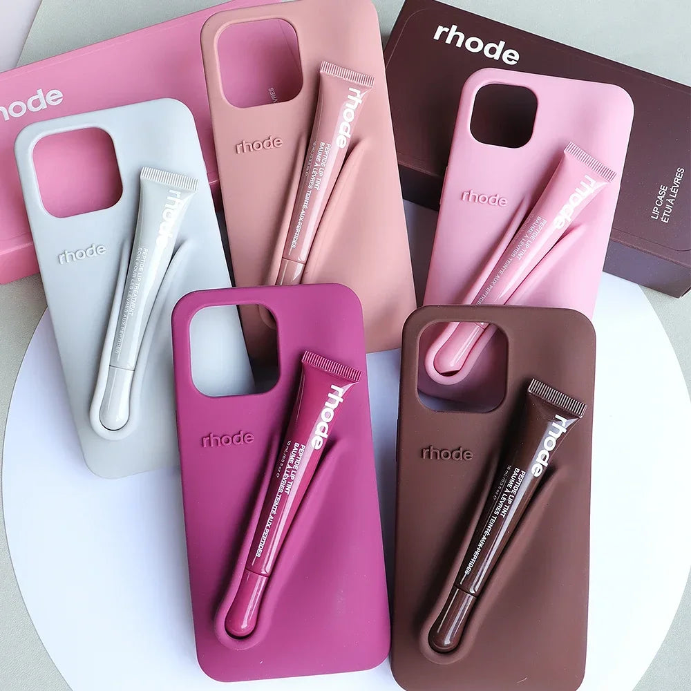 Three-Piece Set for Iphone 13 14 15 Pro Max  Phone Case Gray Toast Espresso Ribbon Raspberry Jelly Silicone Lipstick Cover