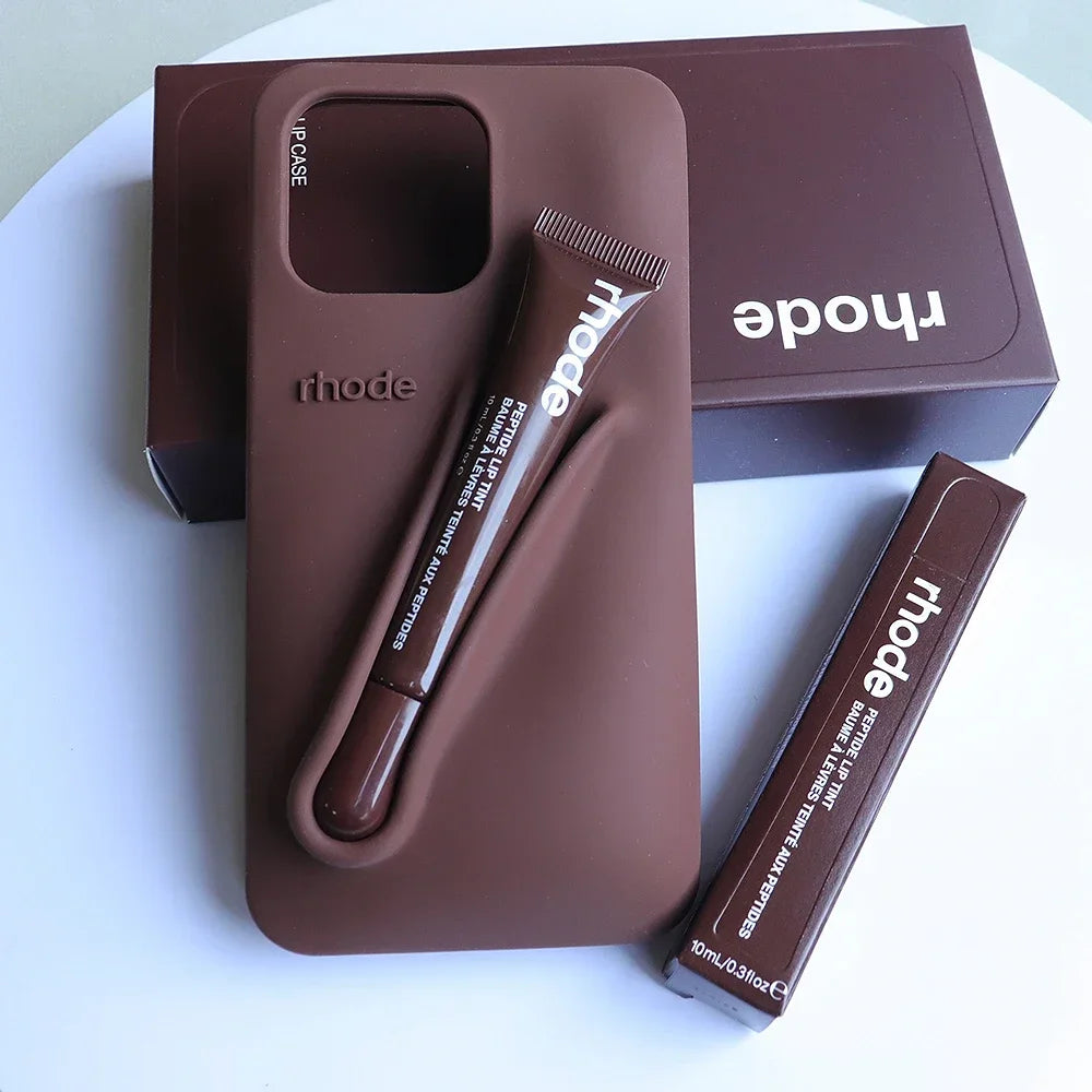 Three-Piece Set for Iphone 13 14 15 Pro Max  Phone Case Gray Toast Espresso Ribbon Raspberry Jelly Silicone Lipstick Cover
