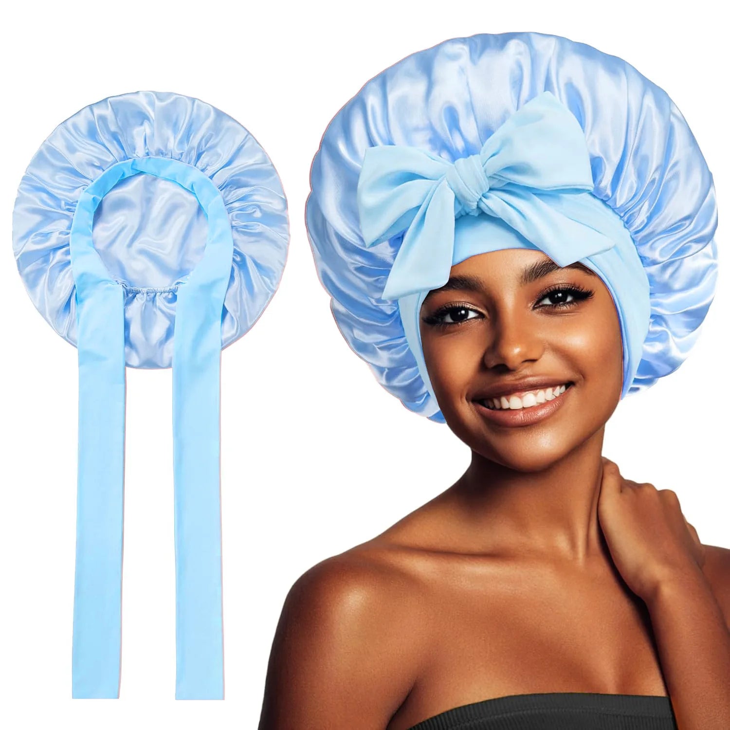 Bonnet Adjustable Satin Silk Hair Tie Band Wide-Brimmed Night Sleeping Bathing Hat Bonnet for Women Unisex Protective Headwear