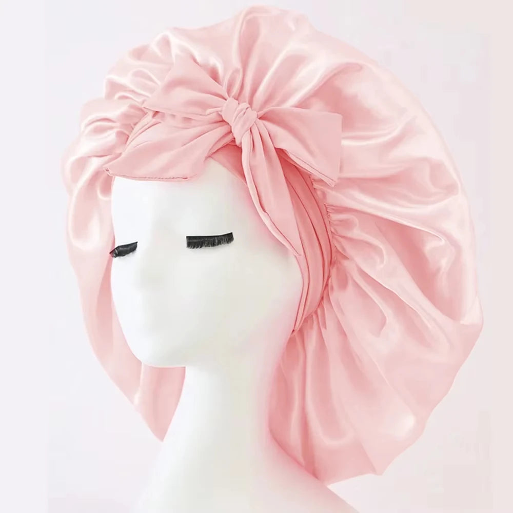 Bonnet Adjustable Satin Silk Hair Tie Band Wide-Brimmed Night Sleeping Bathing Hat Bonnet for Women Unisex Protective Headwear