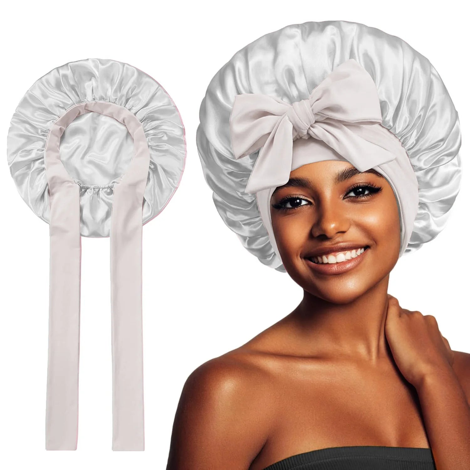 Bonnet Adjustable Satin Silk Hair Tie Band Wide-Brimmed Night Sleeping Bathing Hat Bonnet for Women Unisex Protective Headwear