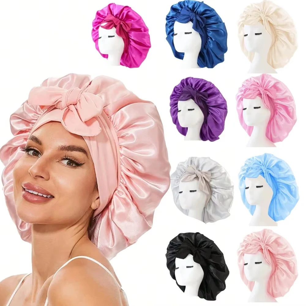 Bonnet Adjustable Satin Silk Hair Tie Band Wide-Brimmed Night Sleeping Bathing Hat Bonnet for Women Unisex Protective Headwear