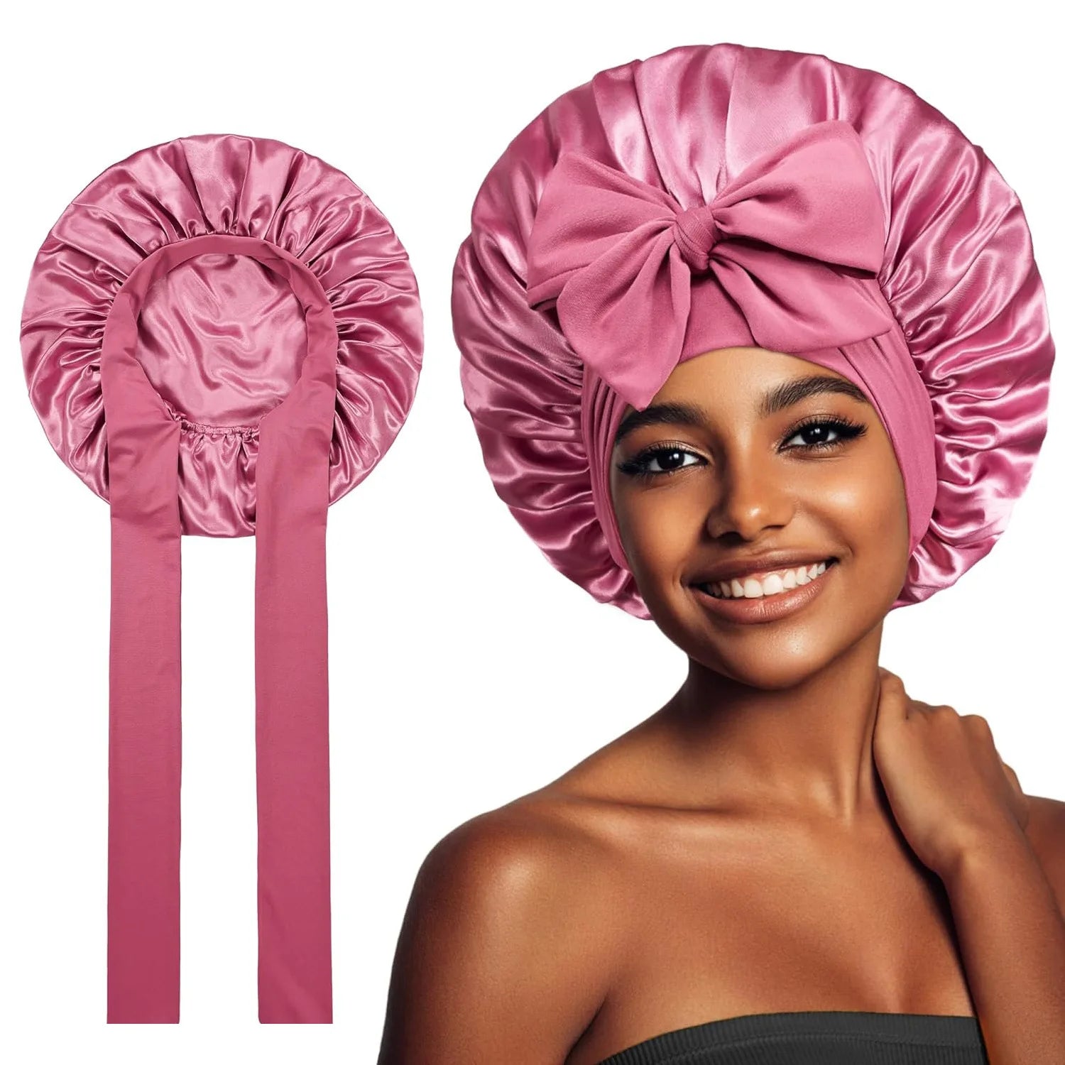 Bonnet Adjustable Satin Silk Hair Tie Band Wide-Brimmed Night Sleeping Bathing Hat Bonnet for Women Unisex Protective Headwear