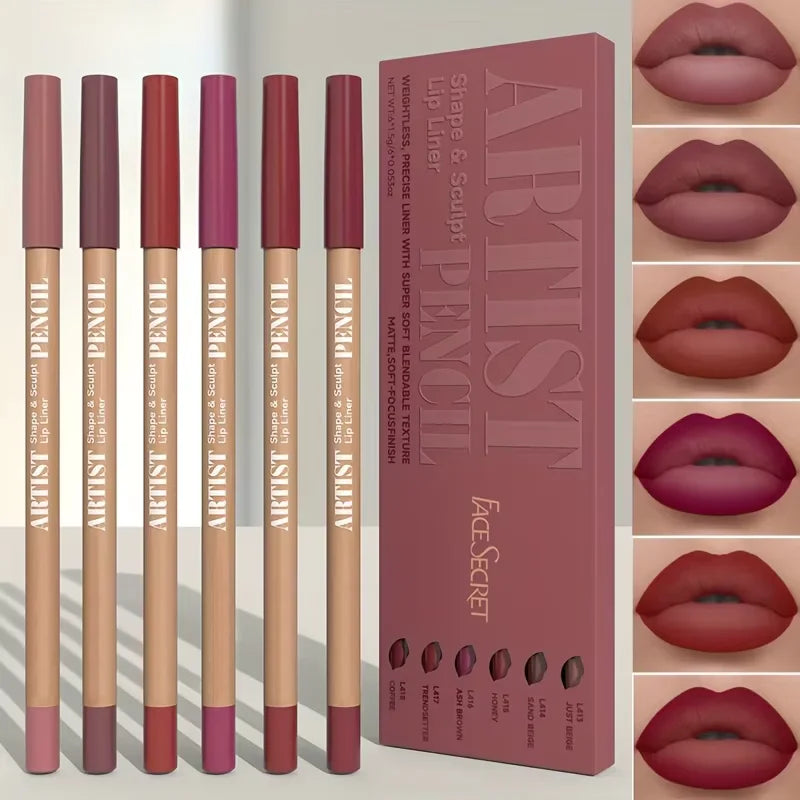 6Pcs Velvet Matte Lip Liner Pencils Set Long-Lasting Non-Drying Perfect for Lining Filling Lips Versatile for All Skin Typ