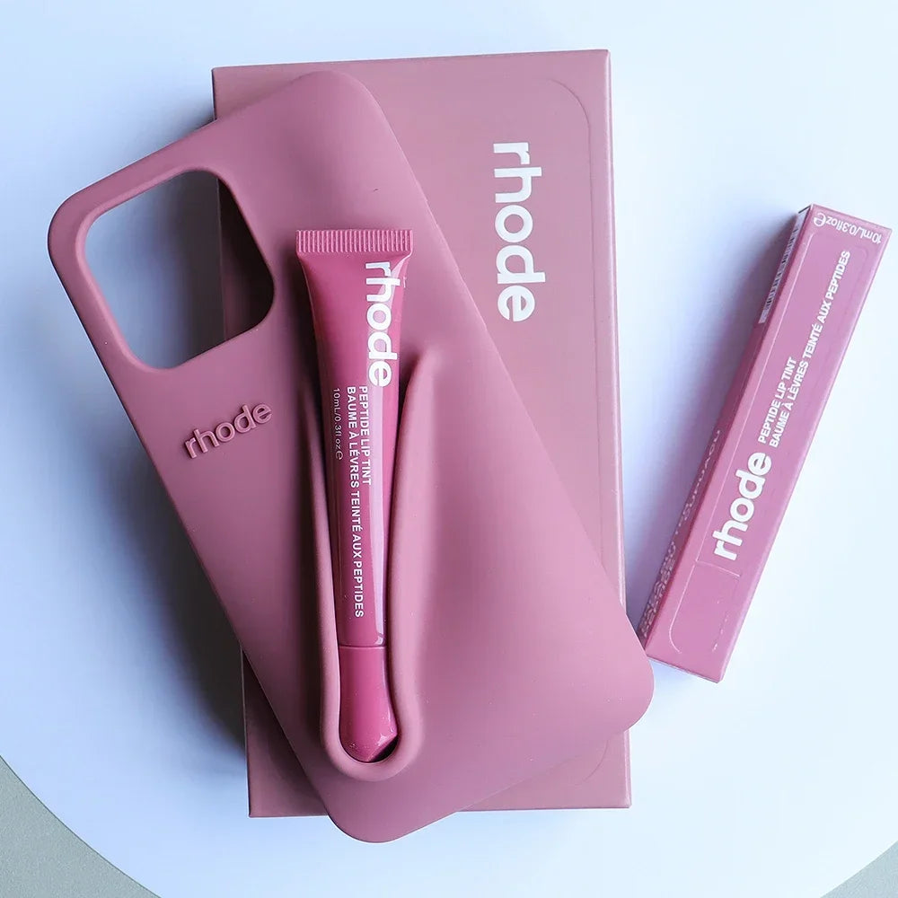 Three-Piece Set for Iphone 13 14 15 Pro Max  Phone Case Gray Toast Espresso Ribbon Raspberry Jelly Silicone Lipstick Cover