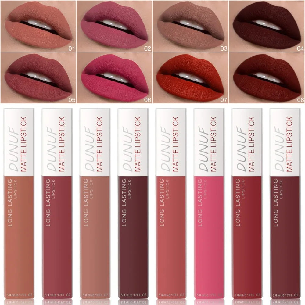 8 Colors Matt Velvet Lip Gloss Brown Red Nude Liquid Lipstick Long Lasting Waterproof Non-Stick Cup Lip Glaze Lips Tint Makeup