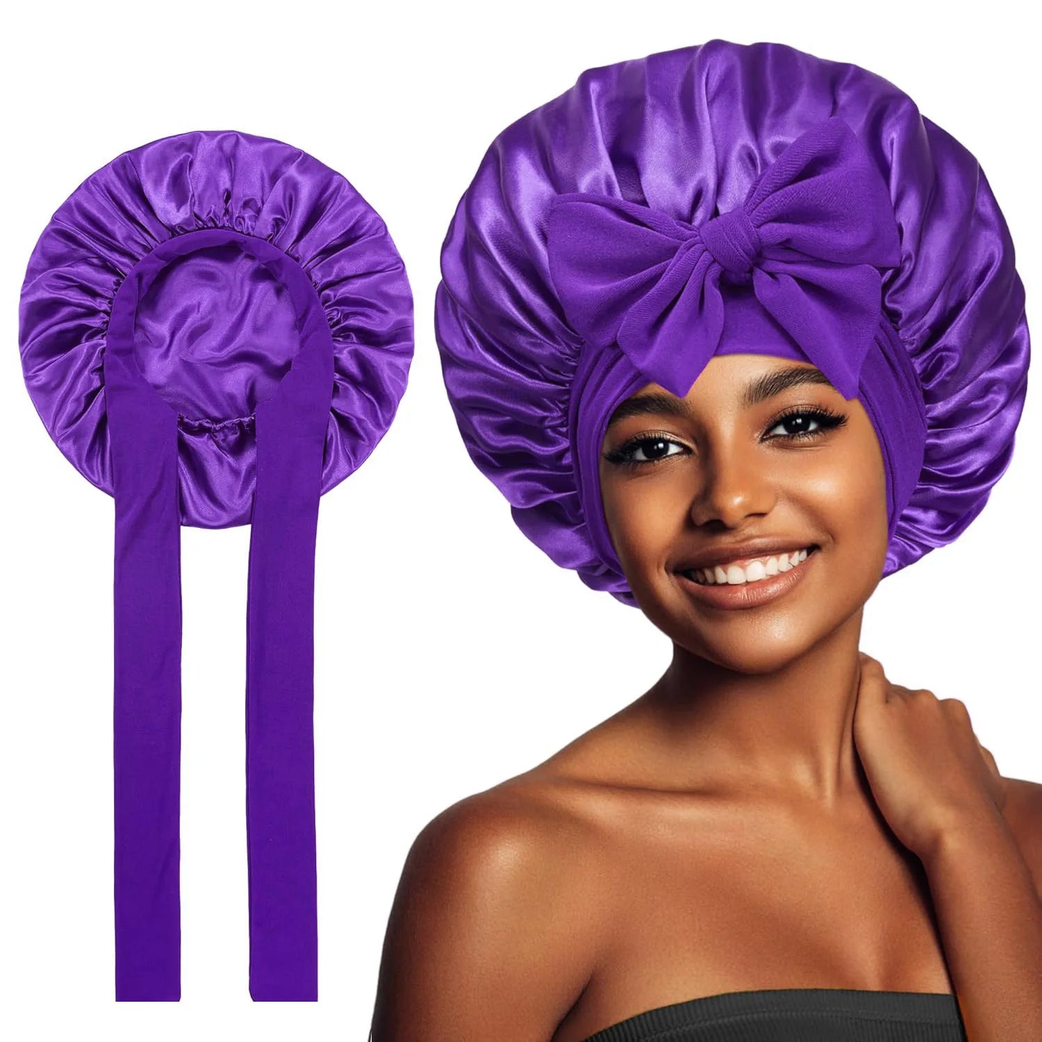 Bonnet Adjustable Satin Silk Hair Tie Band Wide-Brimmed Night Sleeping Bathing Hat Bonnet for Women Unisex Protective Headwear
