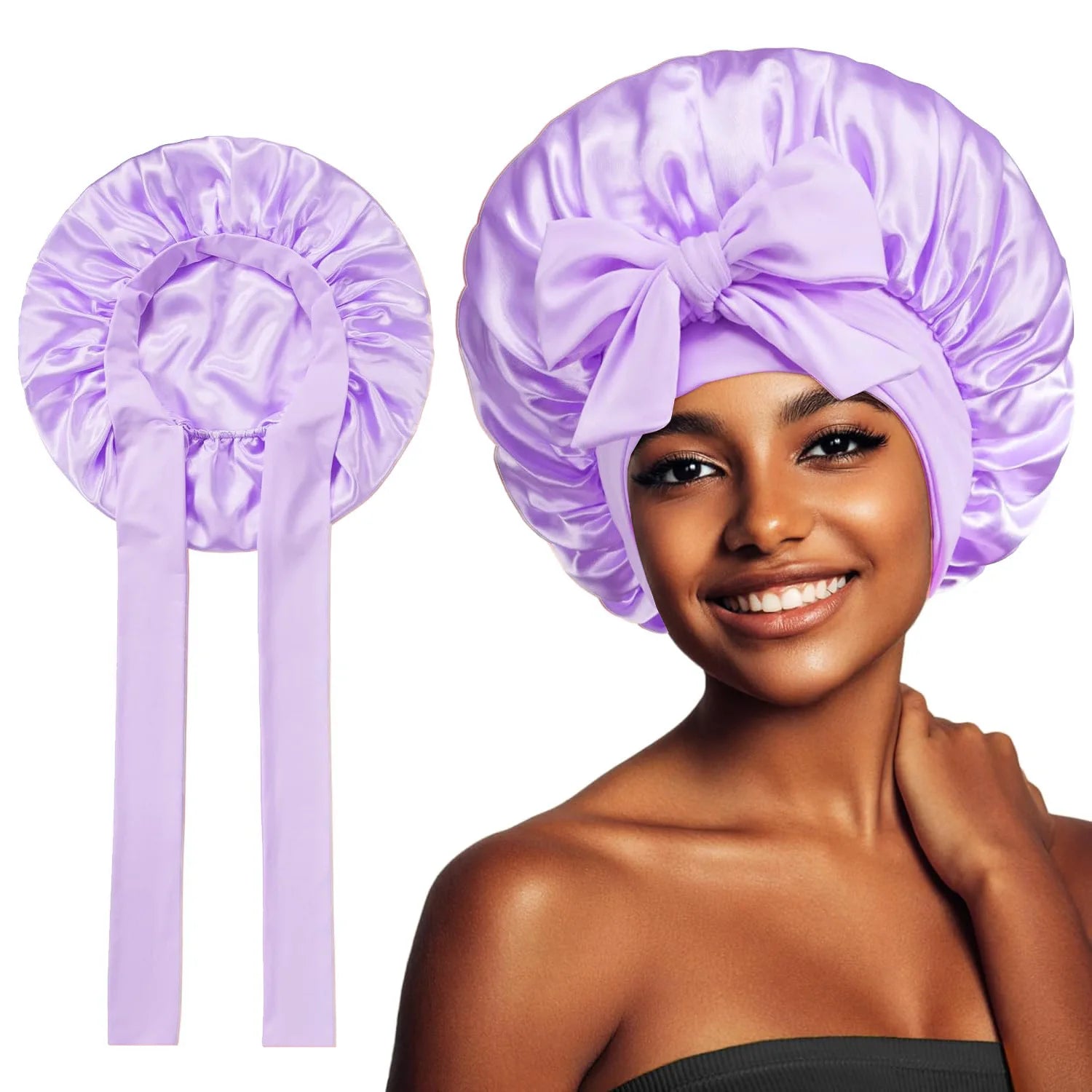 Bonnet Adjustable Satin Silk Hair Tie Band Wide-Brimmed Night Sleeping Bathing Hat Bonnet for Women Unisex Protective Headwear