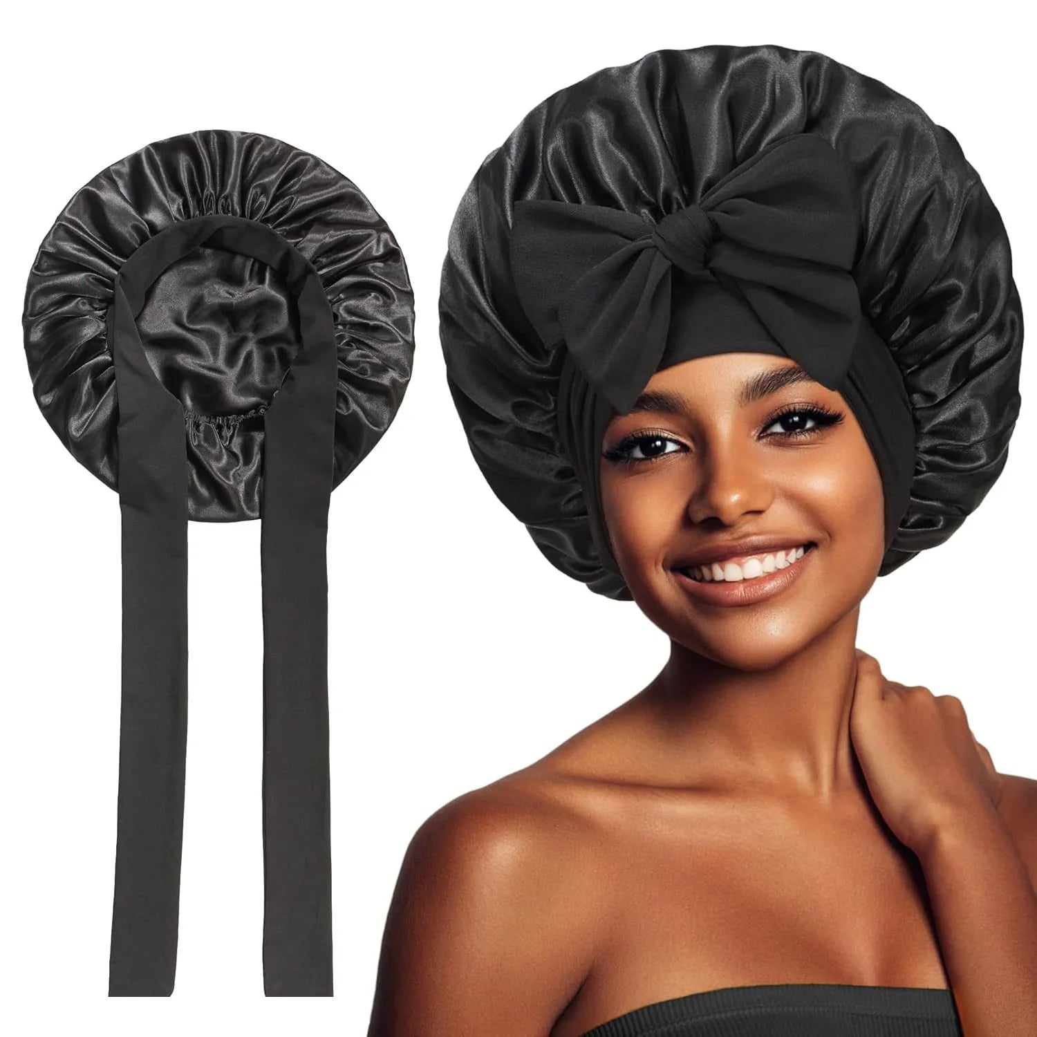 Bonnet Adjustable Satin Silk Hair Tie Band Wide-Brimmed Night Sleeping Bathing Hat Bonnet for Women Unisex Protective Headwear