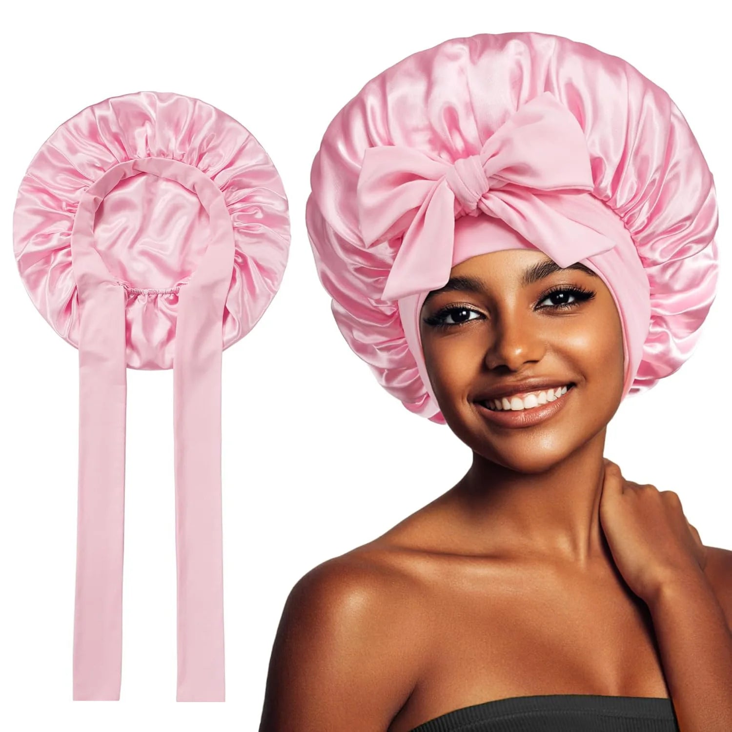 Bonnet Adjustable Satin Silk Hair Tie Band Wide-Brimmed Night Sleeping Bathing Hat Bonnet for Women Unisex Protective Headwear
