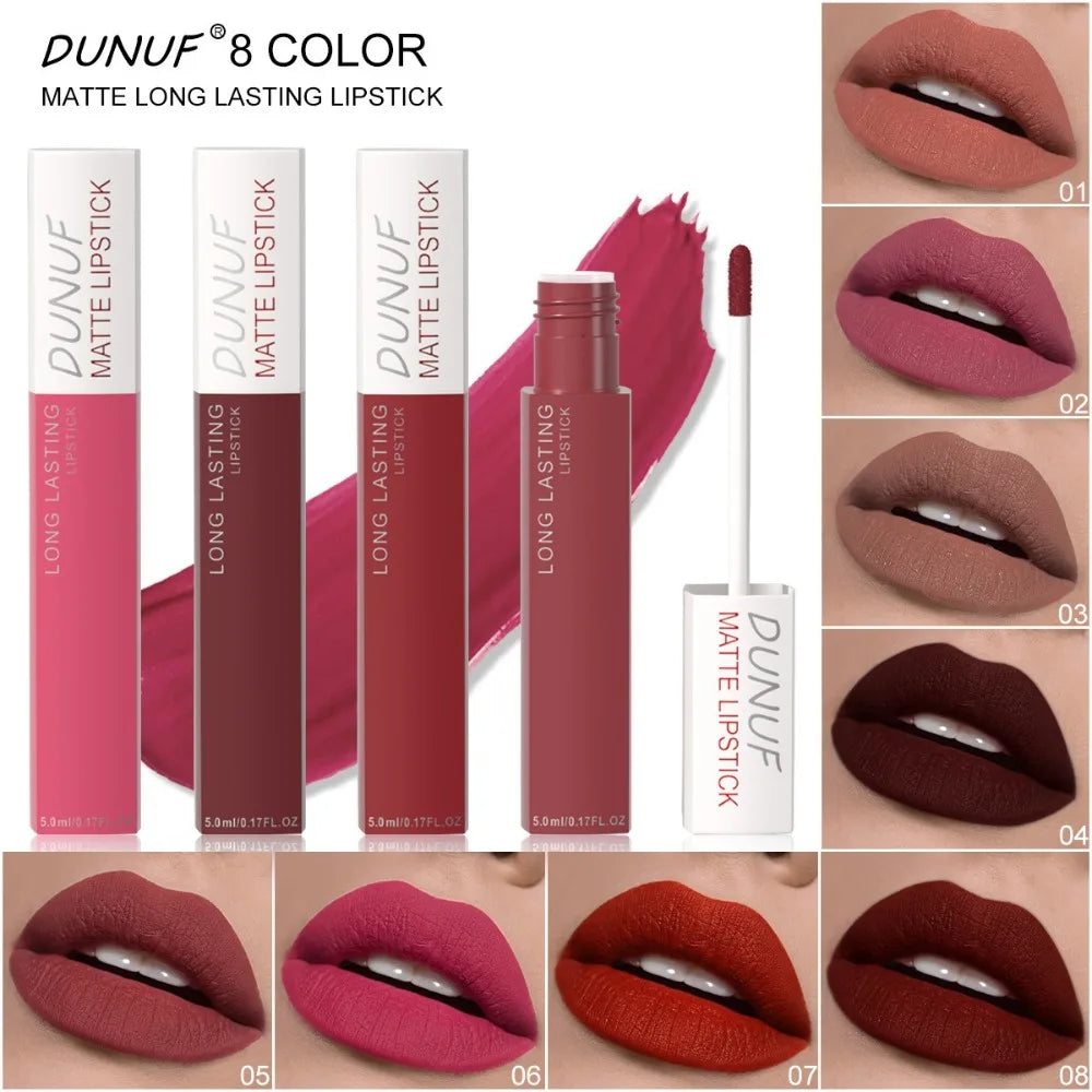 8 Colors Matt Velvet Lip Gloss Brown Red Nude Liquid Lipstick Long Lasting Waterproof Non-Stick Cup Lip Glaze Lips Tint Makeup