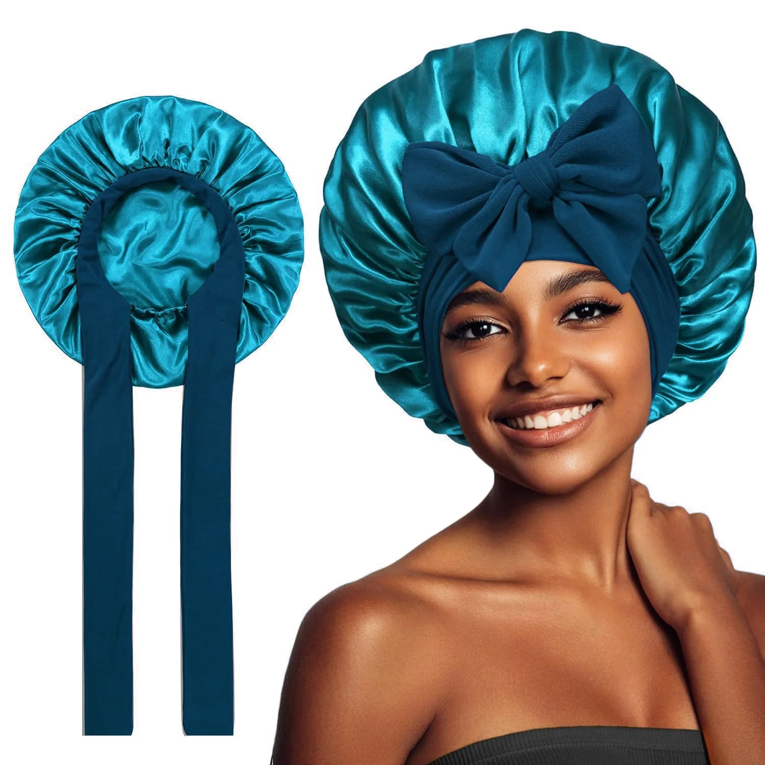 Bonnet Adjustable Satin Silk Hair Tie Band Wide-Brimmed Night Sleeping Bathing Hat Bonnet for Women Unisex Protective Headwear
