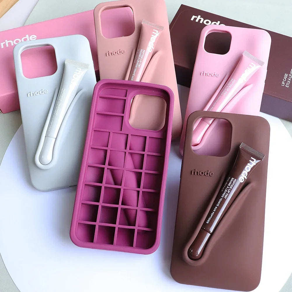 Three-Piece Set for Iphone 13 14 15 Pro Max  Phone Case Gray Toast Espresso Ribbon Raspberry Jelly Silicone Lipstick Cover