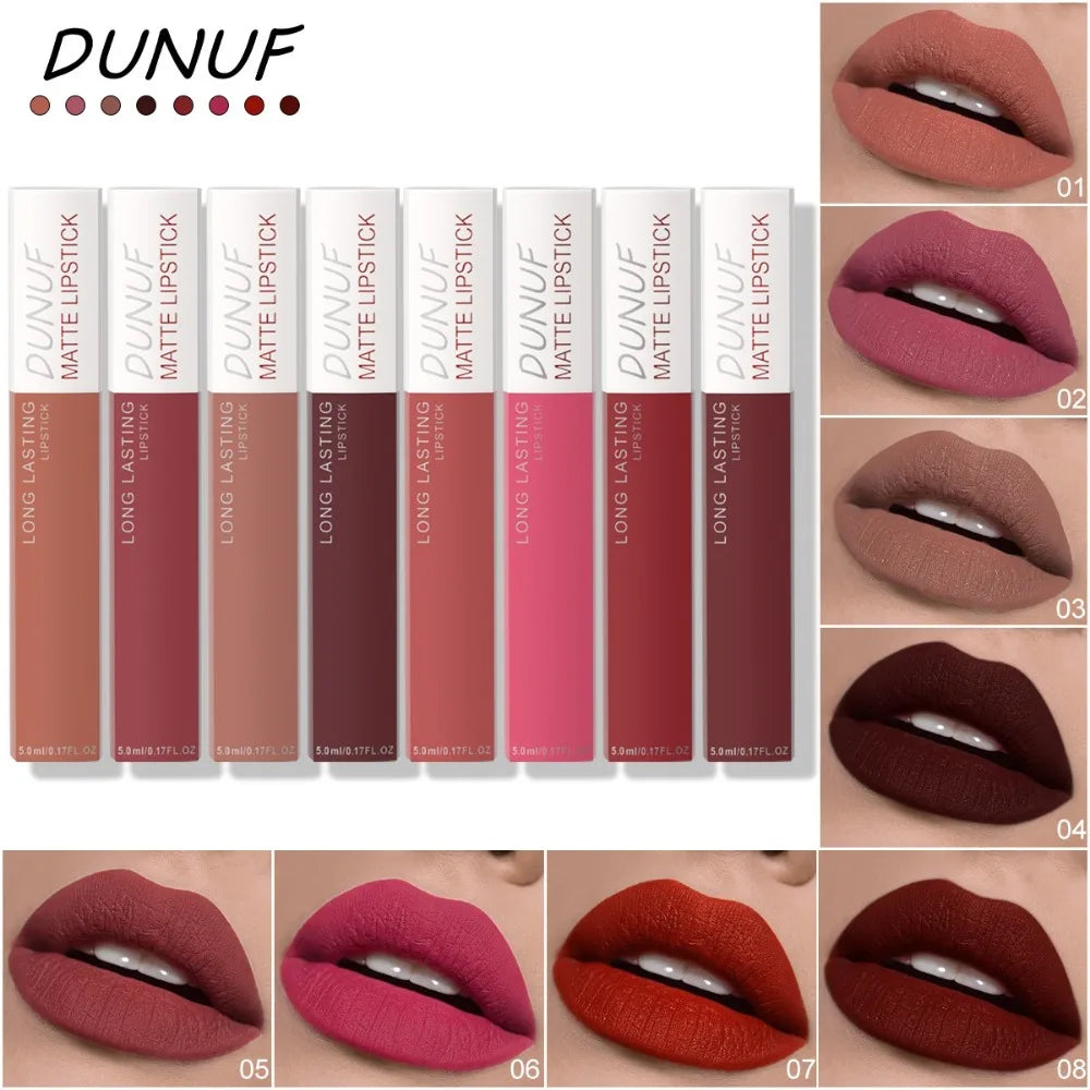 8 Colors Matt Velvet Lip Gloss Brown Red Nude Liquid Lipstick Long Lasting Waterproof Non-Stick Cup Lip Glaze Lips Tint Makeup