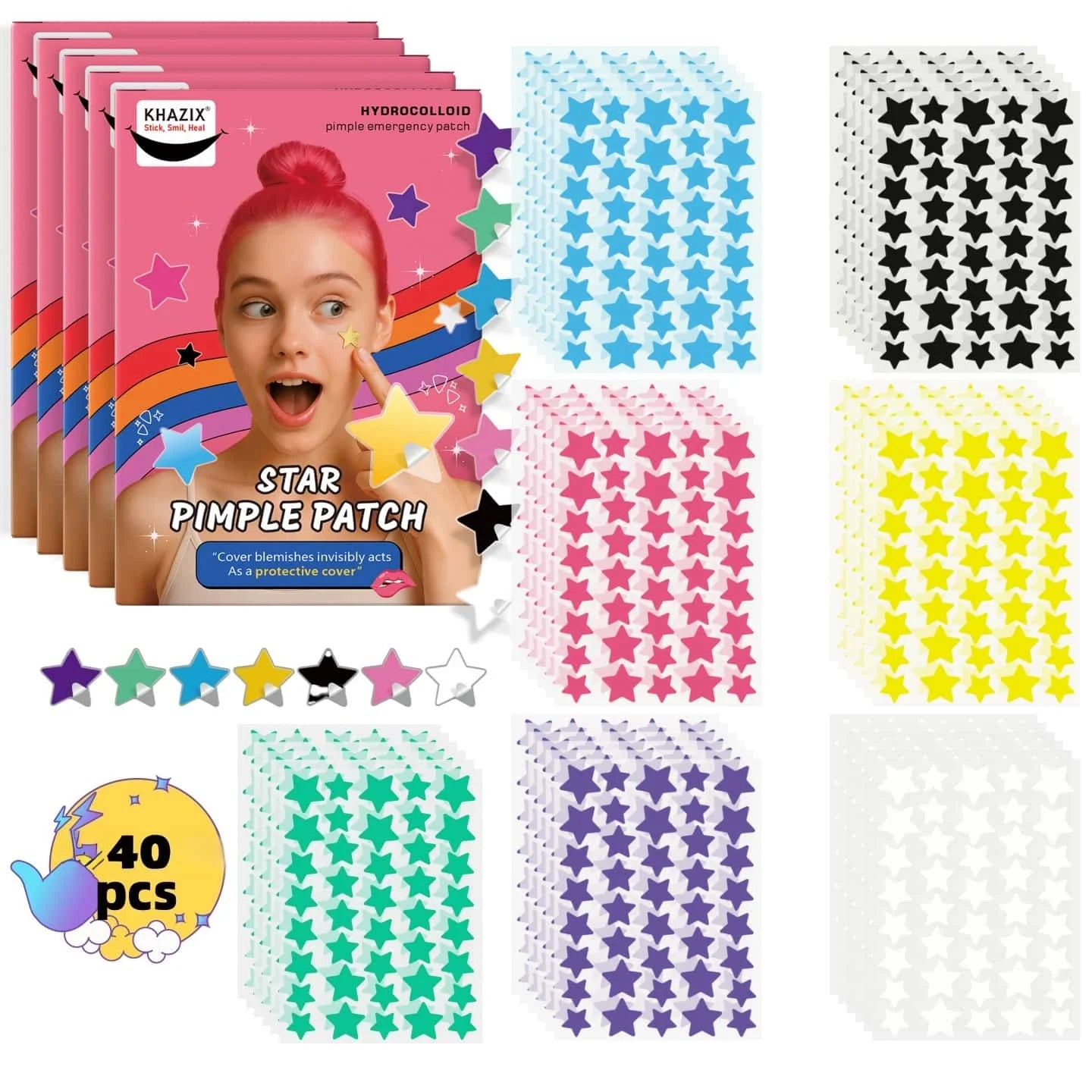 40 Pieces of Multi-Color Star Acne Patches, Facial Acne Patches, Concealer Acne Patches, and Pimples Patches, Ultra-Thin