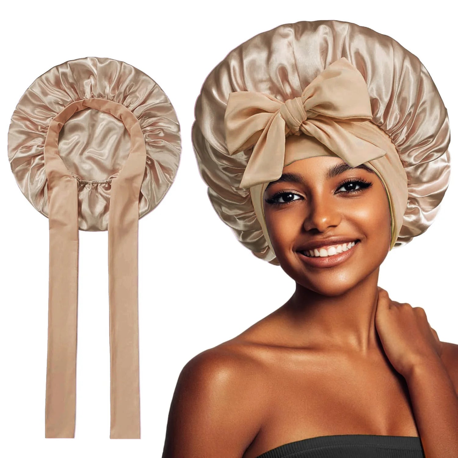 Bonnet Adjustable Satin Silk Hair Tie Band Wide-Brimmed Night Sleeping Bathing Hat Bonnet for Women Unisex Protective Headwear